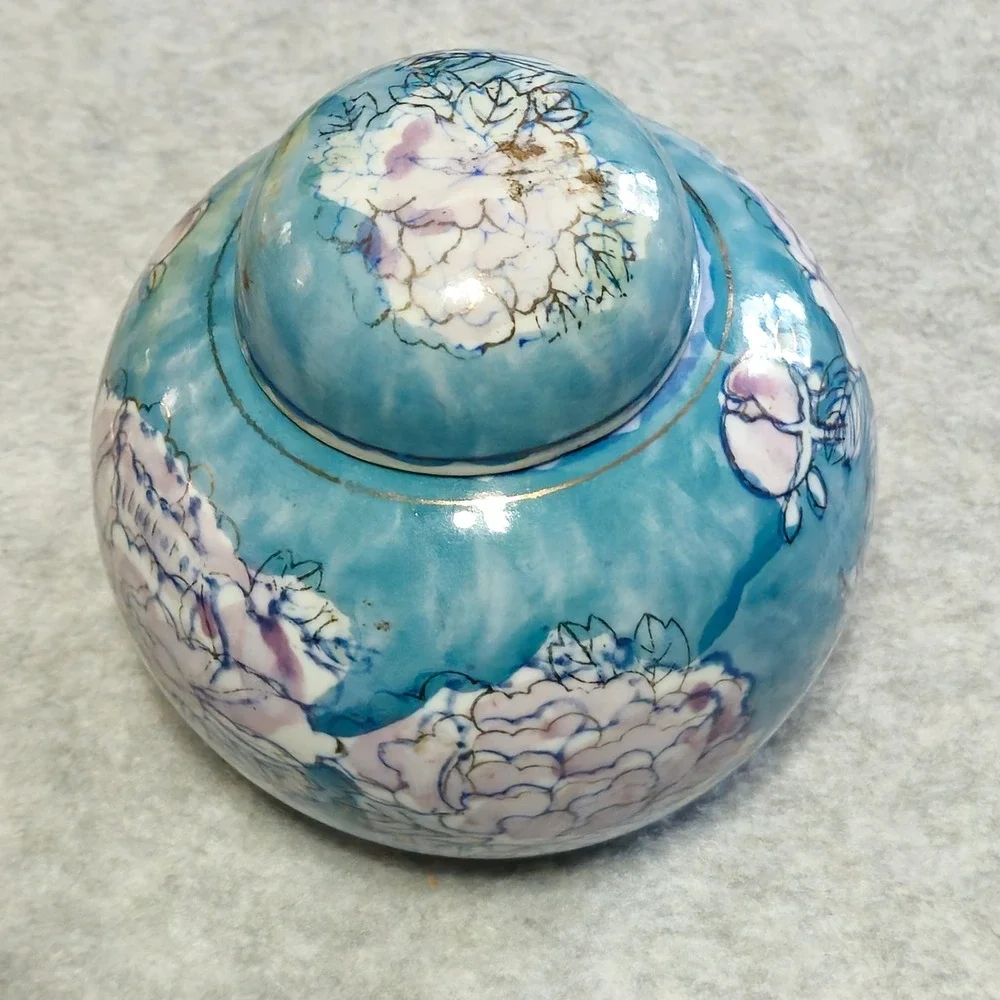 Unbranded Home Turquoise Blue Peony Floral Ceramic Ginger Jar Tea Caddy 4in